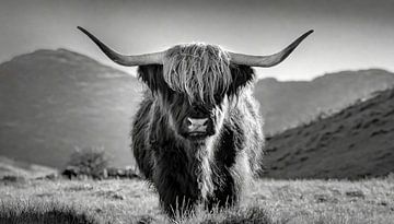 Portrait d'un bovin des Highlands écossais en noir et blanc sur Animaflora PicsStock