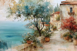 Sonniger mediterraner Küstenweg am Meer von Peter Pen Zeichnungen und Gemälde
