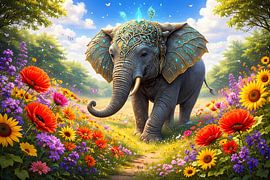Elefant in einem Blumenfeld
