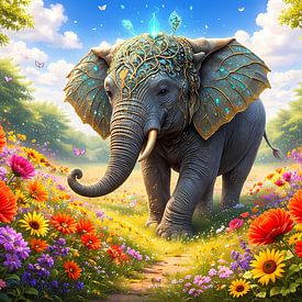 Un éléphant dans un champ de fleurs sur Linda de Klein