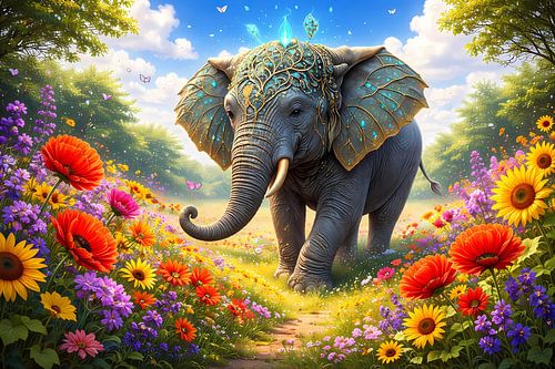 Un éléphant dans un champ de fleurs