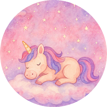 Dromende eenhoorn op de roze wolk (AI) (babykamer, kinderkamer, meisje, sprookjesachtig, schattig, unicorn, sterren, pony)