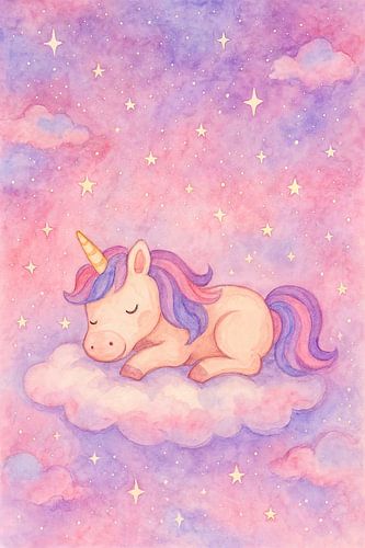 Dreaming unicorn on pink cloud (AI) (baby room, nursery, girl, fairy tale)
