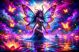 A winged creature surrounded by glowing butterflies by Linda de Klein