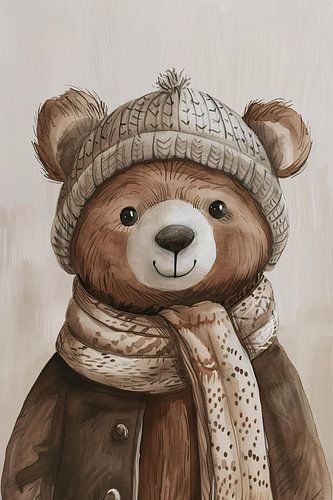 Aquarel  van beer met sjaal