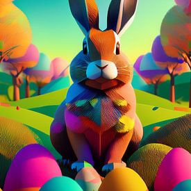 Paashaas met kleurrijke paaseieren in het gras met berkenbomen van Jörg B. Schubert