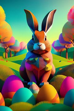 Osterhase mit bunten Ostereiern im Gras mit Birkenbäumen von Jörg B. Schubert