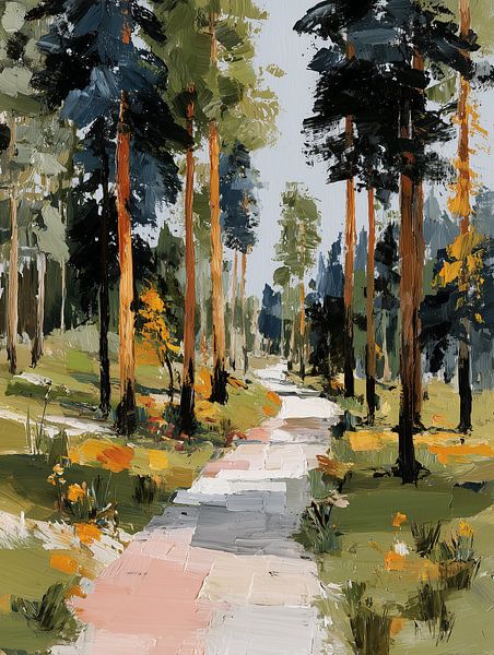 Zonnig dennenbos met wandelpad van Lina van Oers