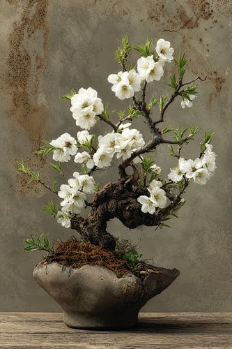 Stilleven Miniatuur bonsai met bloesem en mos