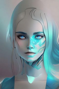 Portrait d'une femme cyborg à la lumière bleue - style science-fiction sur Emiel de Lange