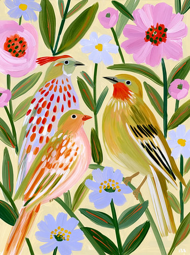 Drei farbenfrohe Vögel zwischen Blumen und Blättern