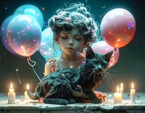 Girl with balloons and cat...
