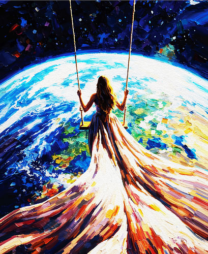 Se balancer au-dessus de la Terre – Peinture « Cosmic Dreamer »