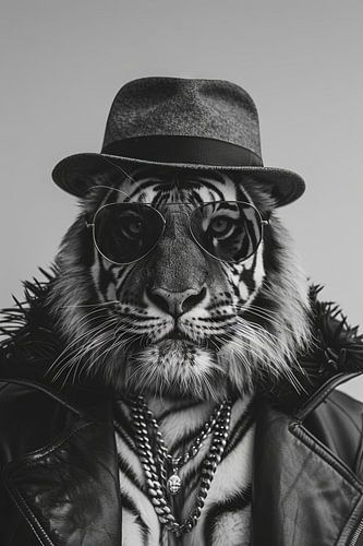Tijger met pet en zonnebril in zwart en wit