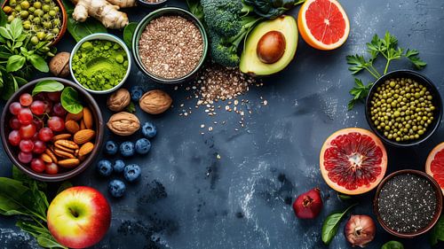 Healthy food clean eating selection: fruit, vegetable, seeds, superfood, cereals, leaf vegetable on grey copy space