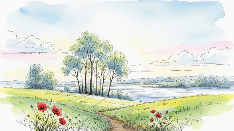 Watercolor Landscape with Trees, Path, and Poppies by Markus Gann