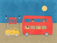 Red London bus with stuffed animals and taxi