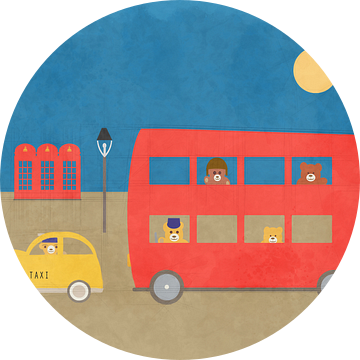 Rode Londen bus met knuffels en taxi