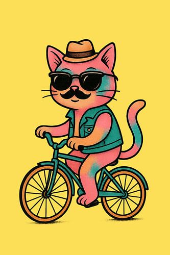 Coole kat op de fiets  Retro-sfeer van BloomsArt