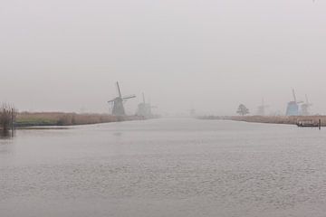 kinderdijk windmolens in de mist