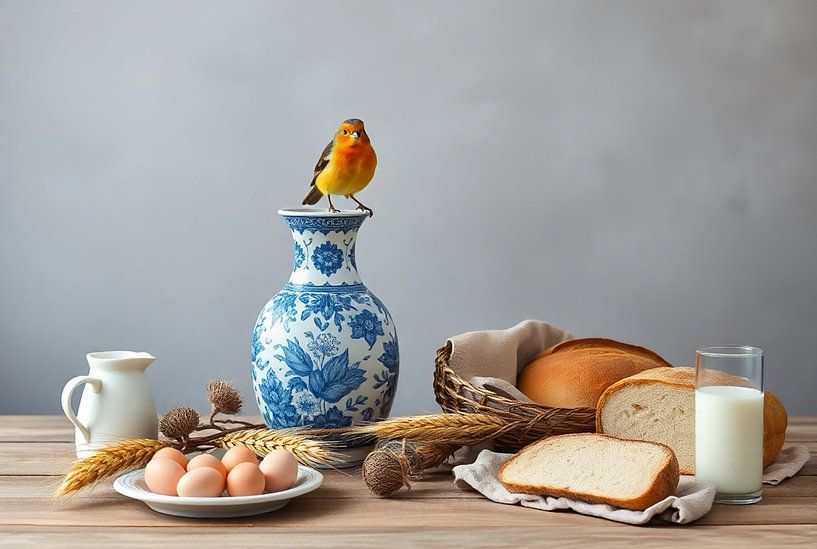 Nature morte en bleu de Delft avec pain, vase et oiseau par Kleurenrijk