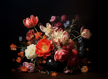 stilleven van een groot boeket bloeiende tulpen op donkere vaas