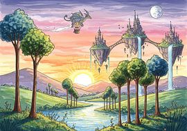 Fantasy Landscape with Floating Castles and Dragon Hot Air Ballo by Markus Gann