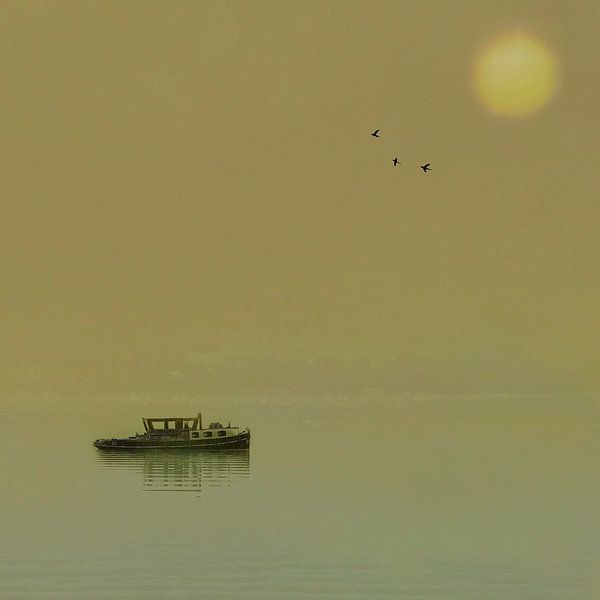 De 'Anna' (boot op een meer tijdens zonsondergang)