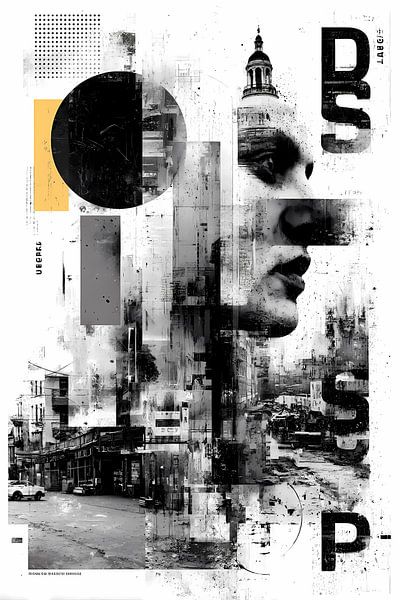 Architectuur &amp; Portret Collage - Abstracte zwart-wit kunst met gele details van Niphion Art
