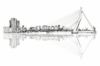 Rotterdam Erasmusbrücke Skyline Tuschfederzeichnung