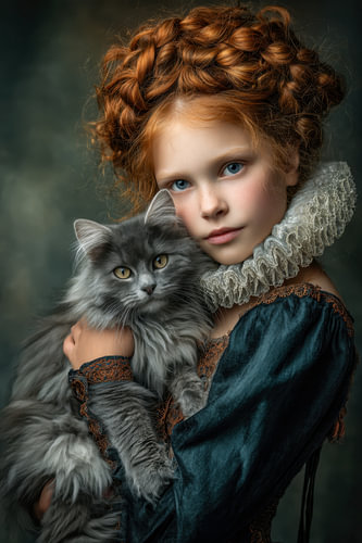 Meisje met Kat - Elegant Portret in Petrolblauw