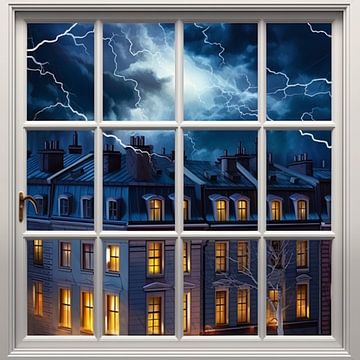Stadsraam nacht bliksem verlicht raam contrast warmte van gm_designs