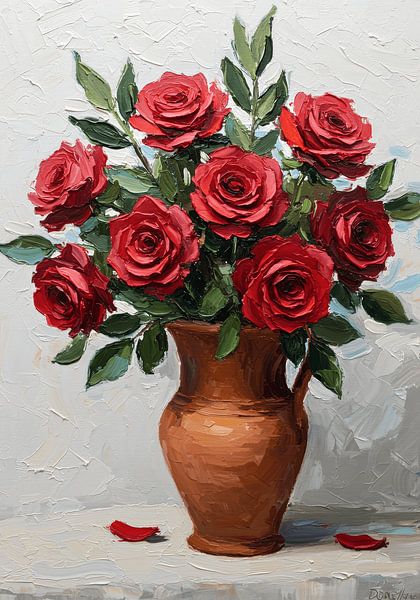 Roses écarlates dans un vase en terre par Kimita Jennaira