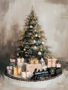 Vintage-Weihnachtsbild mit geschmücktem Baum, Geschenken und Spielzeugeisenbahn