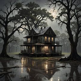 Bayou-Hütte an einem Flußufer in der Nacht