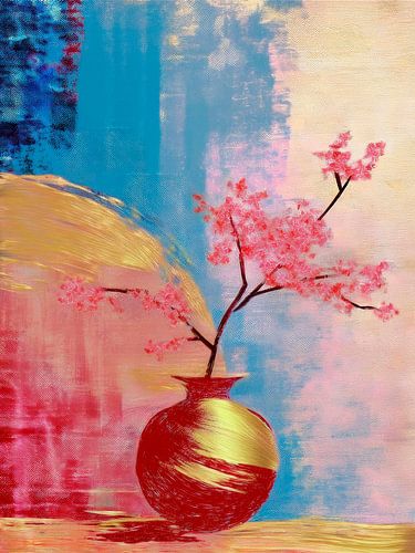 Japandi Stilleven. Gouden vaas met kersenbloesem in blauw met roze.
