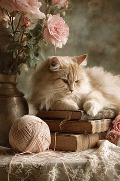 Romantisch stilleven met kat, boeken en bloemen van Joriali fotografie en schilderijen