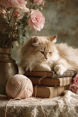 Romantisch stilleven met kat, boeken en bloemen