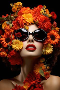 Sehr schöne Frau in tropischen Blumen in hallo Mode Stil bedeckt von Art Bizarre