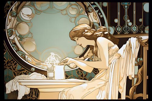 Vrouw aan wastafel in badkamer, stijl Alphonse Mucha