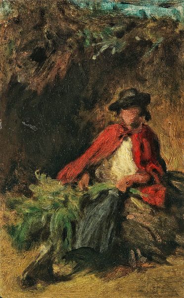 Seated girl with a red cloak, a hare in front of her, CARL SPITZWEG, circa 1865 by Atelier Liesjes