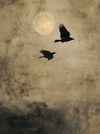 Des oiseaux en vol et la lune dans le ciel sur IamHome Studio