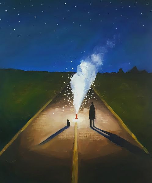 Nachtelijke weg met vuurwerk van Juan Davis