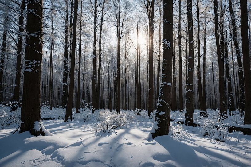 Serene winter forest with snow-covered trees by Art & Soul Creations