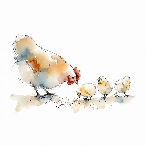 Mother hen with chicks (AI) (playful, peaceful, gentle, colours, watercolour, painting)
