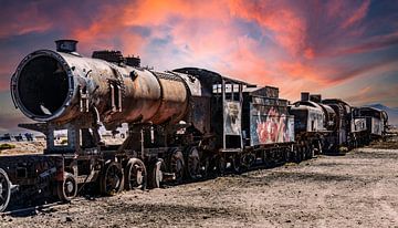 Locomotief en wagons in de zonsondergang van Alex Neumayer