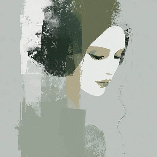 Ce portrait dégage un calme feutré, presque poétique. Il montre un visage féminin aux yeux fermés, dans une composition abstraite de plans géométriques, de textures rugueuses et de verts doux. Sa peau est d'une blancheur sereine, offrant un contraste saisissant avec les formes sombres qui l'enveloppent, comme des pensées, des souvenirs ou des ombres.  La figure semble être composée de couches de peinture, de texture de collage et de transparence, ce qui donne à l'image une impression de profondeur et de superposition. L'arrière-plan absent, composé de surfaces gris-vert froides, renforce l'atmosphère introspective. L'unique boucle de cheveux sur la droite brise subtilement les formes serrées et ajoute un détail humain à l'approche stylisée.  Le regard intérieur et la bouche douce et fermée suggèrent un monde intérieur - calme, rêveur ou peut-être mélancolique. L'œuvre évoque le silence, nous invitant à regarder au-delà de ce qui est visible.