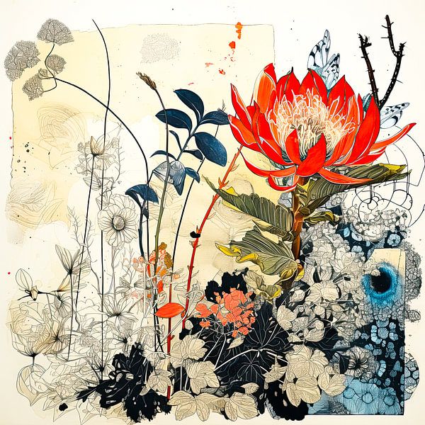 Flower still life mixed media by Vlindertuin-Art