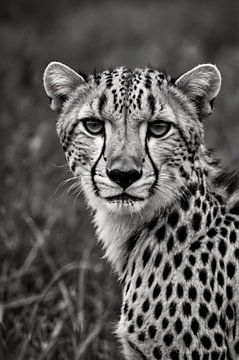 Zwart-wit cheetah portret in de natuur van Art & Soul Creations