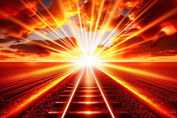 Dramatically lit train track at sunset by Art & Soul Creations